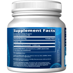 MRM L-Glutamine 5000mg bottle back label highlights vegan and gluten-free certifications