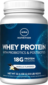 MRM Nutrition whey protein vanilla bottle emphasizes high absorption for workouts