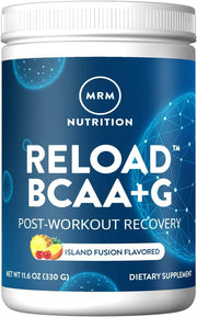 MRM Reload BCAA+G Island Fusion tub front supports post-workout recovery and hydration.