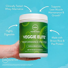 MRM Veggie Elite vegan gluten-free badge signals clean plant-based formula.