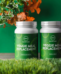 MRM Veggie Meal on the go setup with shake bottle emphasizes quick nutritious meals