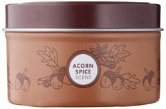 Mrs. Meyer's Acorn Spice tin candle side view, showing compact recyclable tin perfect for shelf decor and scent.