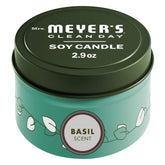Mrs. Meyer's Basil Tin Candle with lead-free wick for a clean burn and garden-fresh aroma.