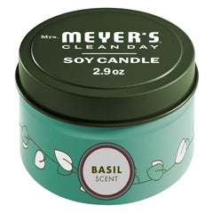 Mrs. Meyer's Basil Tin Candle with lead-free wick for a clean burn and garden-fresh aroma.