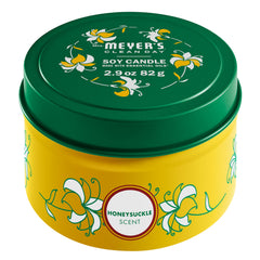Mrs. Meyer's Clean Day Honeysuckle tin candle with honeysuckle scent for a fresh, garden-inspired room.