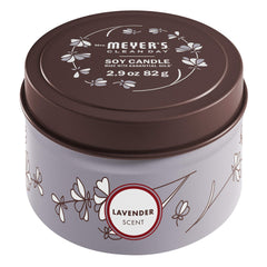 Mrs. Meyer's Lavender tin candle in decorative packaging for a calm home ambiance
