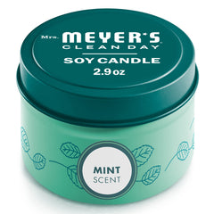 Mrs. Meyer's Clean Day Mint Tin Candle in decorative tin for fresh kitchen fragrance.