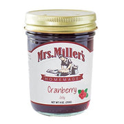 Mrs. Miller's Cranberry Jelly jar front view, vibrant color perfect for toast and pairing.