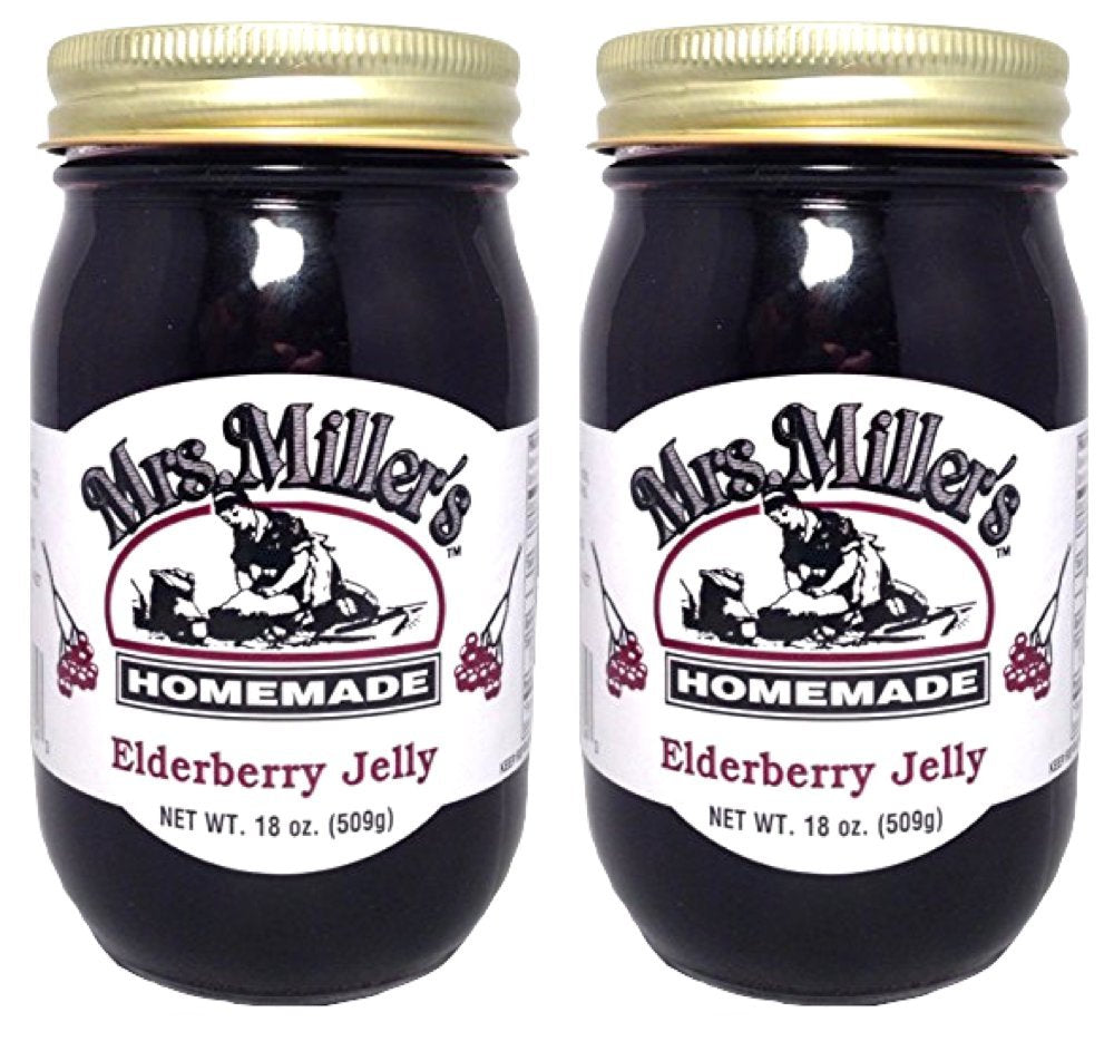 Mrs. Miller's Elderberry Jelly jar on the counter, perfect for breakfast ideas.