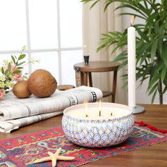 MSENSE Coconut Beach candle tin detail with floral pattern adds chic decor.