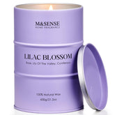 Msense Lilac Blossom candle tin in close view showing calm room scent