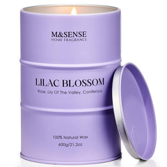Msense Lilac Blossom candle tin in close view showing calm room scent