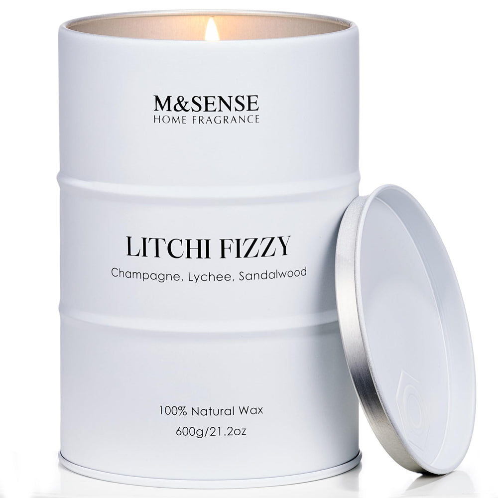 M&SENSE Litchi Fizzy candle label highlights premium ingredients and eco packaging.