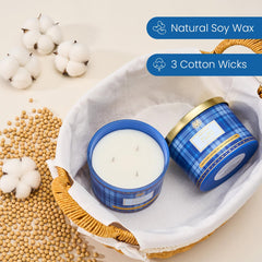 M&SENSE plaid pattern 3 wick candle closeup wicks emphasizes clean burn and balanced aroma.