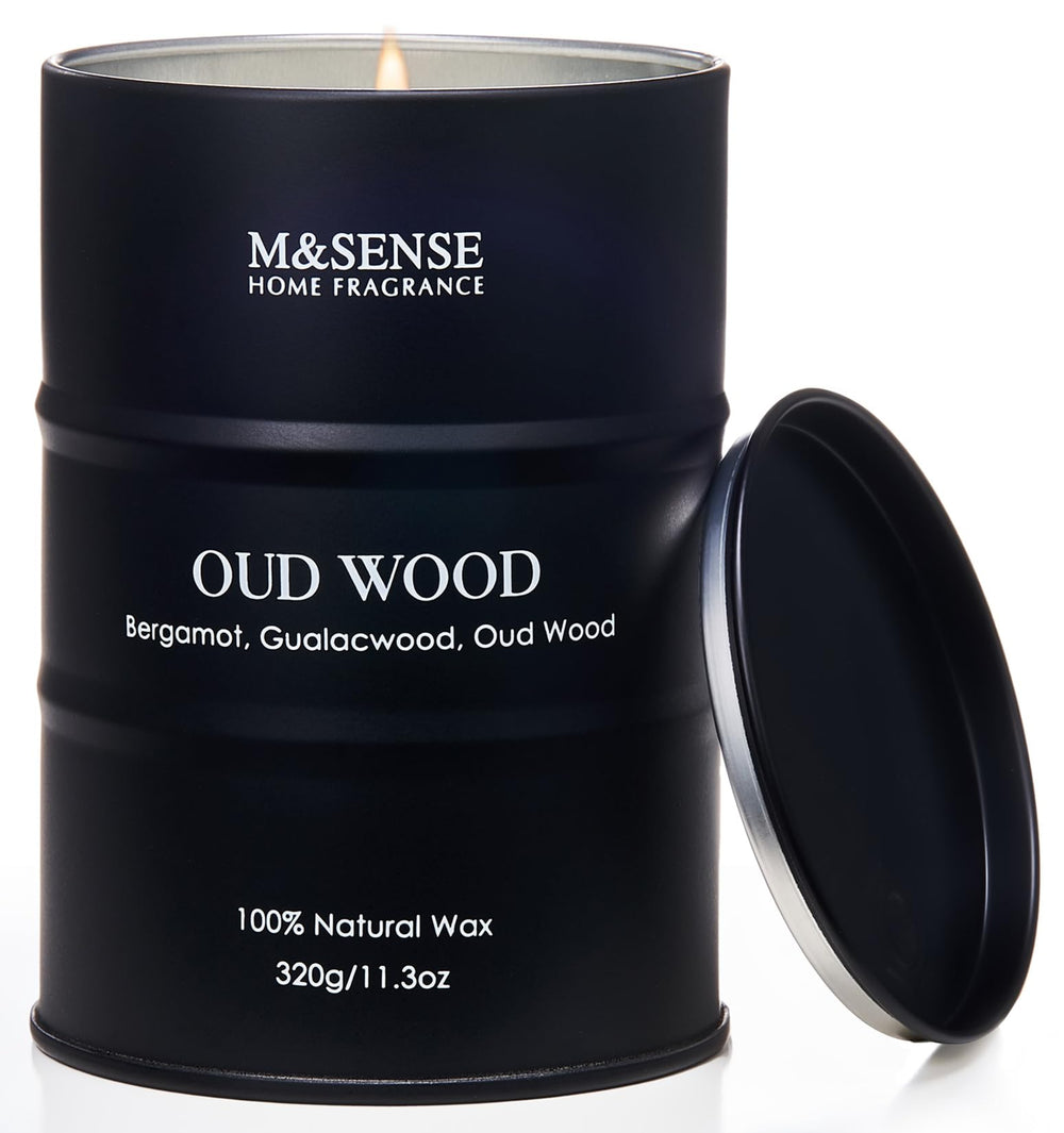 M&SENSE Sandwood candle closeup highlights creamy wax and long-lasting fragrance.