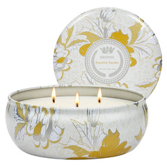 M&SENSE Sunkissed Citrus 3-wick tin candle emits a powerful citrus scent in a large room.