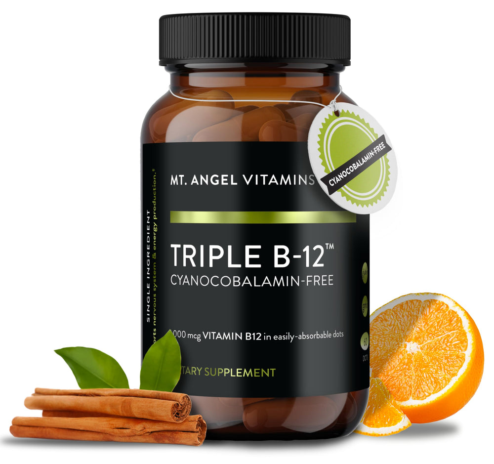 Mt. Angel Vitamins Triple B-12 Dots bottle front for easy daily energy support.