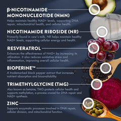 Mt. Angel Vitamins NMN NR ingredients panel featuring resveratrol and TMG