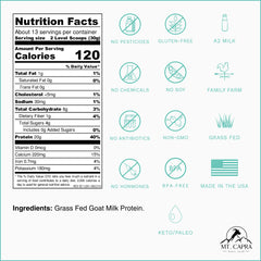 Mt Capra Clean Whole Protein scoop beside bottle shows 20 g serving potential