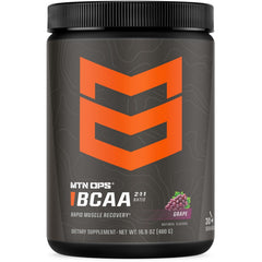 MTN OPS BCAA powder tub front shows gluten-free, sugar-free formula.