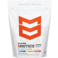 MTN OPS Biotics STM bottle front view highlighting a sugar-free probiotic for digestion support