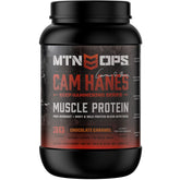 MTN OPS Keep Hammering whey powder tub in chocolate caramel for post-workout recovery