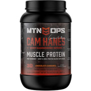 MTN OPS Keep Hammering whey powder tub in chocolate caramel for post-workout recovery