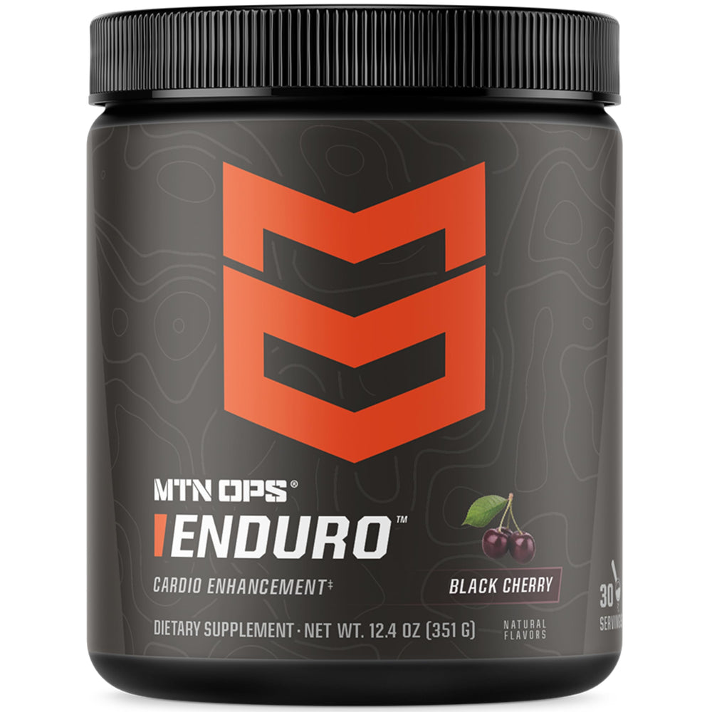 MTN OPS Enduro bottle pour showing stimulant-free pre-workout for steady endurance during training.