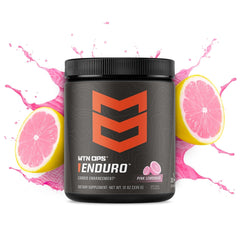 MTN OPS Enduro scoop in glass demonstrates caffeine-free formula supporting blood flow during workouts.