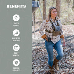 MTN OPS Eva Shockey Signature Super Greens scoop beside the bottle for quick use.