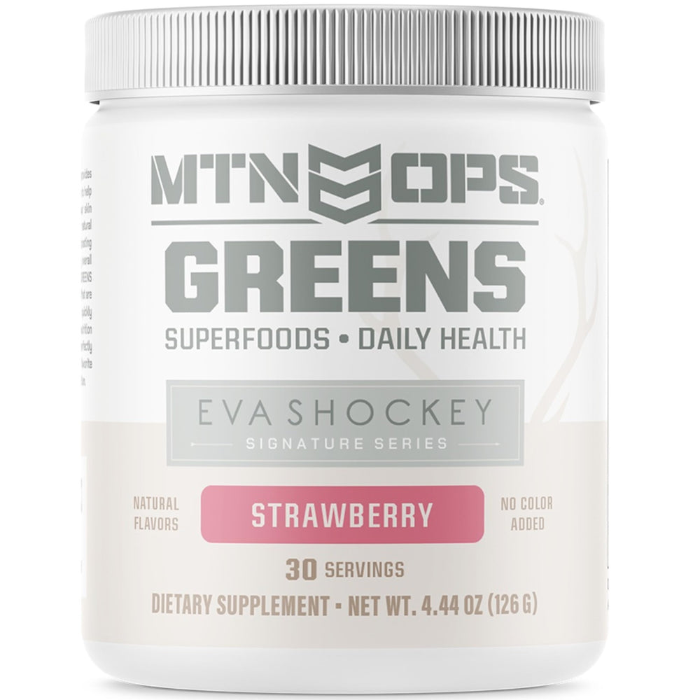 MTN OPS Eva Shockey Signature Super Greens Strawberry tub designed for daily nutrition.