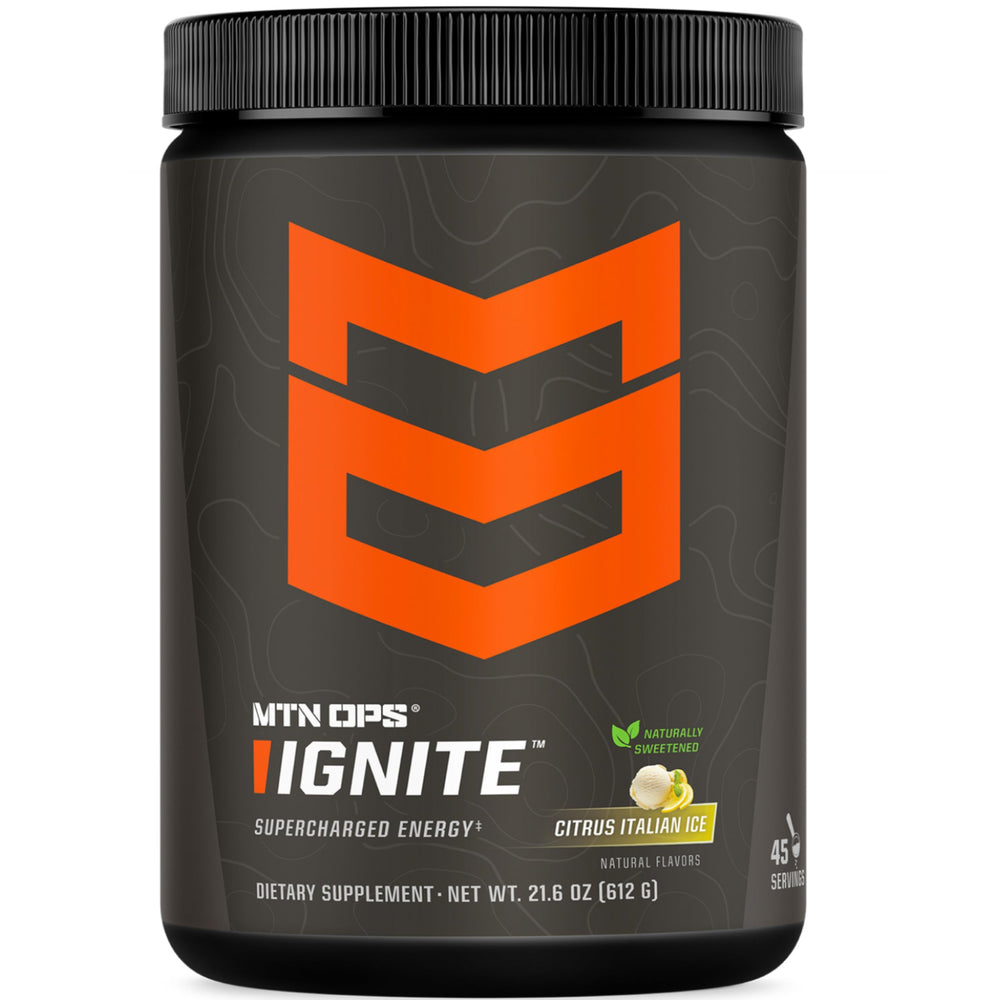 MTN OPS Ignite energy powder tub front shows monk fruit sweetness for sustained daytime focus.