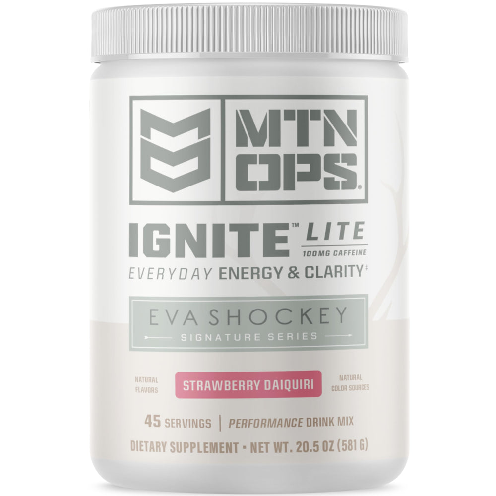 MTN OPS Ignite Lite tub front label, gluten-free and zero-sugar formulation.