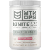 MTN OPS Ignite Lite tub front label, gluten-free and zero-sugar formulation.