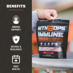 MTN OPS Immune STM citrus powder being poured for immediate immune support.