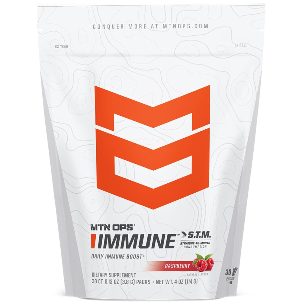 MTN OPS Immune STM raspberry sachet pour for on-the-go immune support.