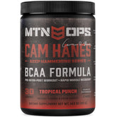 MTN OPS Keep Hammering BCAA bottle shows gluten-free formula and tropical punch flavor.