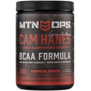 MTN OPS Keep Hammering BCAA bottle shows gluten-free formula and tropical punch flavor.