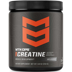 MTN OPS Micronized Creatine unflavored bottle close-up for clean strength training.