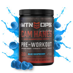 MTN OPS YETI blue raspberry powder being scooped for endurance sessions.