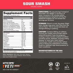 Scoop and label close-up highlighting 300 mg caffeine for focused training.