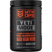 MTN OPS Yeti Mode pink lemonade powder tub showing bold flavor and energy for workouts