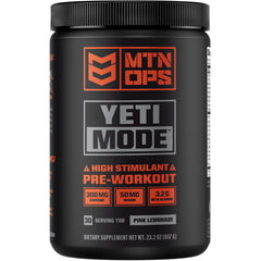 MTN OPS Yeti Mode pink lemonade powder tub showing bold flavor and energy for workouts