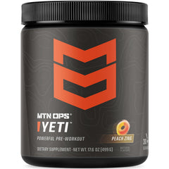 MTN OPS Yeti pre-workout bottle in peach zing flavor delivering clean energy for workouts