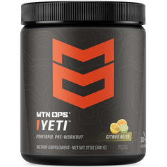 MTN OPS YETI pre-workout tub with Citrus Bliss flavor, ready for training
