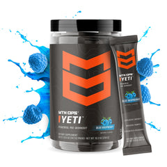 MTN OPS Yeti blue raspberry scoop shows convenient, precise serving for workouts.