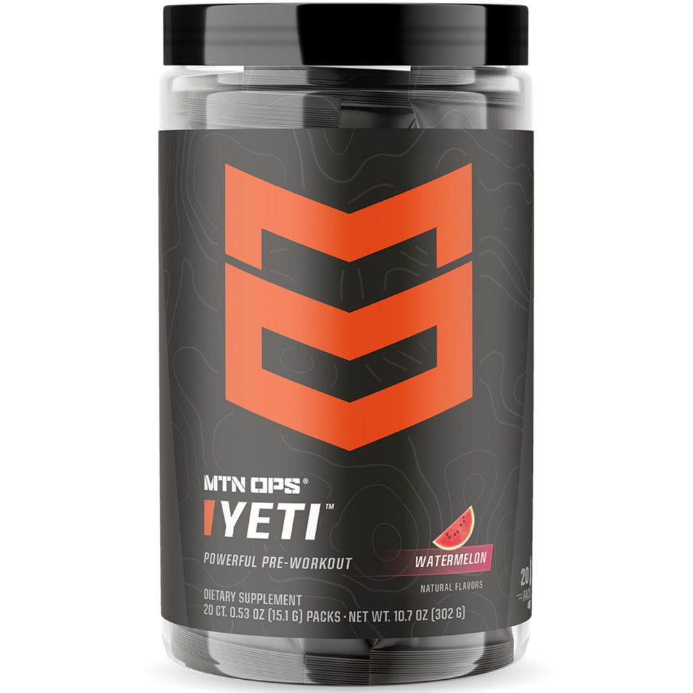 MTN OPS Yeti watermelon packaging for pre-workout fueling