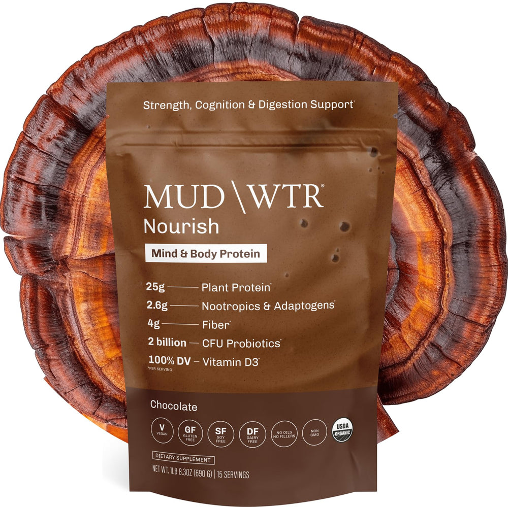 MUDWTR Nourish chocolate protein powder jar with organic ingredients for plant-based nutrition.