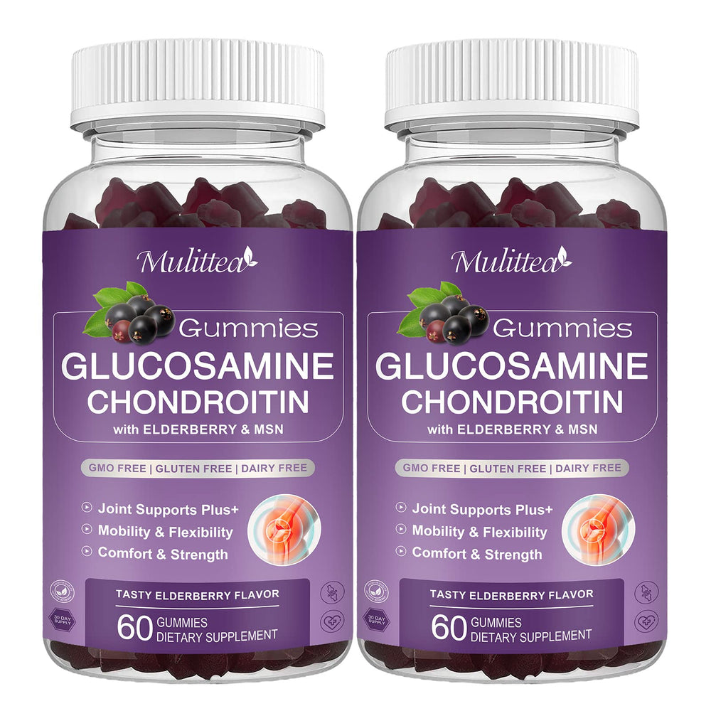 Mulittea glucosamine chondroitin gummies bottle front shows berry flavor for joint support.