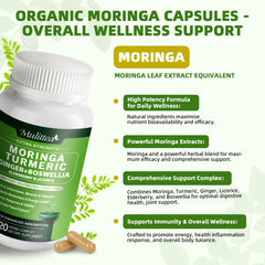 Mulittea Moringa capsules closeup tablets highlighting natural plant-based formula.